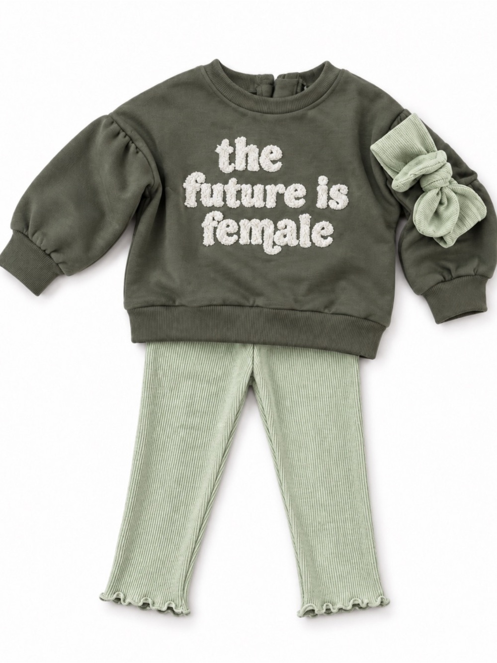 Olive & Sage Ribbed Leggings Set with 'The Future Is Female' Sweatshirt